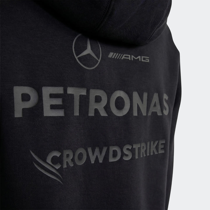 Mercedes-AMG Petronas Formula 1 Team Night Driver Youth Hoodie, black with gray logos, close-up back view.