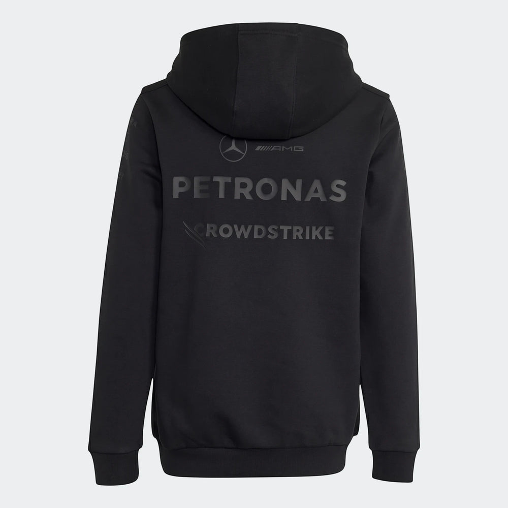 Rear view of a black Mercedes-AMG Petronas Formula 1 Team Night Driver hoodie for youth, featuring Petronas and Crowdstrike