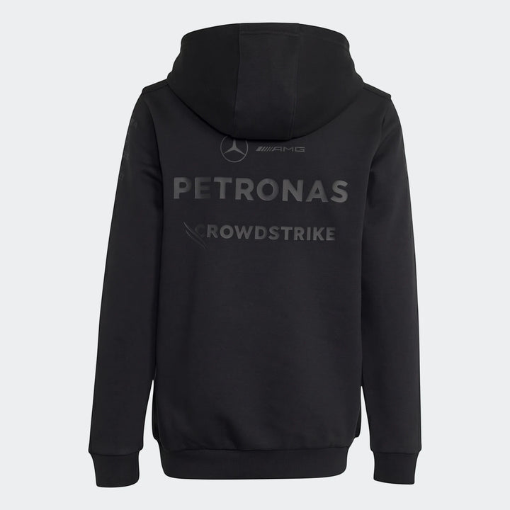 Rear view of a black Mercedes-AMG Petronas Formula 1 Team Night Driver hoodie for youth, featuring Petronas and Crowdstrike