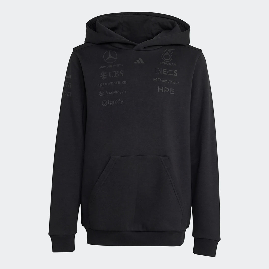 Black Mercedes-AMG Petronas Formula 1 Team Night Driver Youth Hoodie with sponsor logos, front view. Ribbed cuffs and hem,