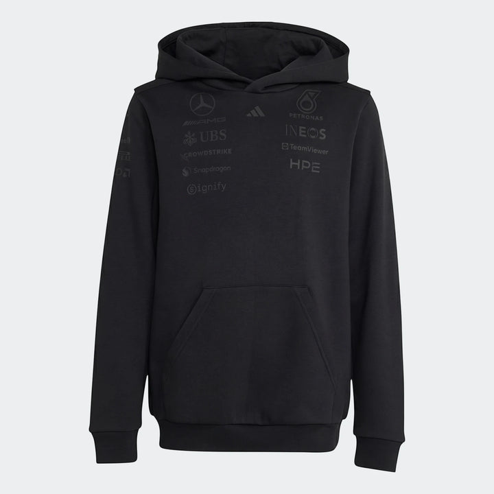 Black Mercedes-AMG Petronas Formula 1 Team Night Driver Youth Hoodie with sponsor logos, front view. Ribbed cuffs and hem,