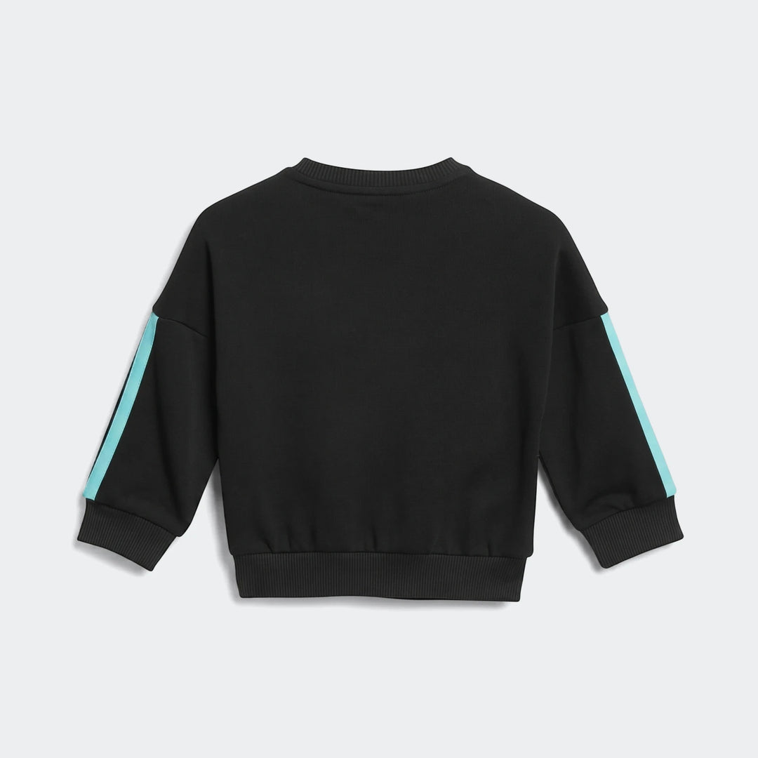 Black Mercedes-Amg Petronas Formula 1 Team long-sleeved sweatshirt, back view, with turquoise stripes on the sleeves and