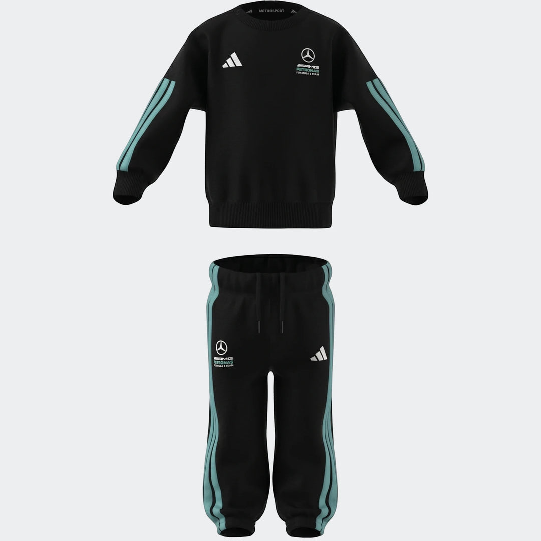 Black Mercedes-AMG Petronas F1 Team DNA baby jogger set with sweatshirt and pants. Features teal stripes and logos. Product