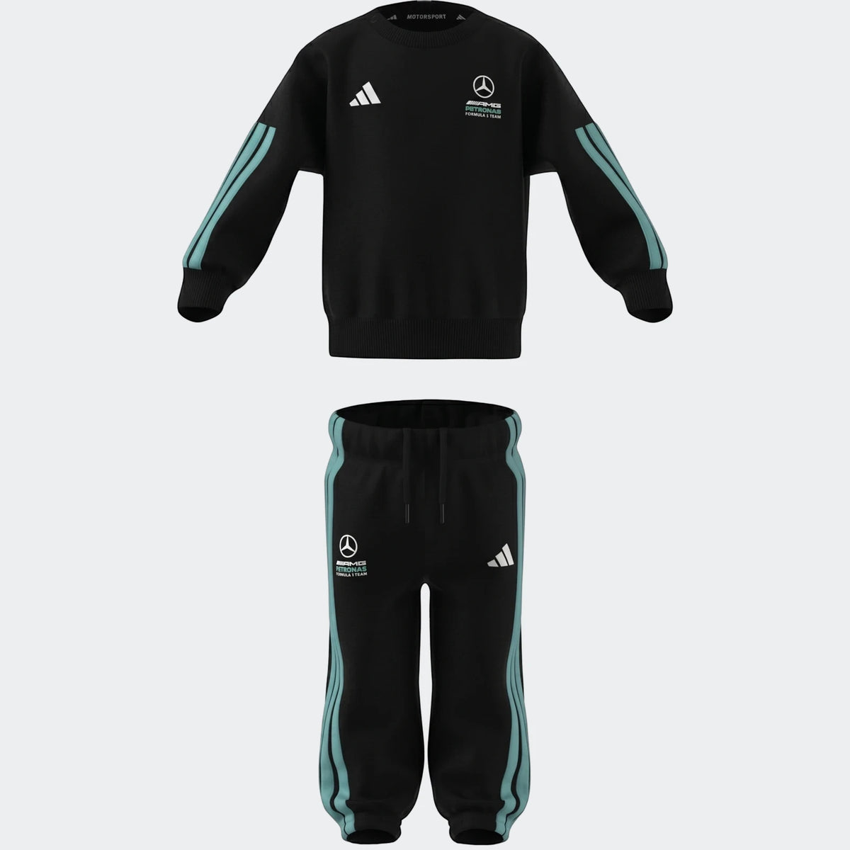 Black Mercedes-AMG Petronas F1 Team DNA baby jogger set with sweatshirt and pants. Features teal stripes and logos. Product