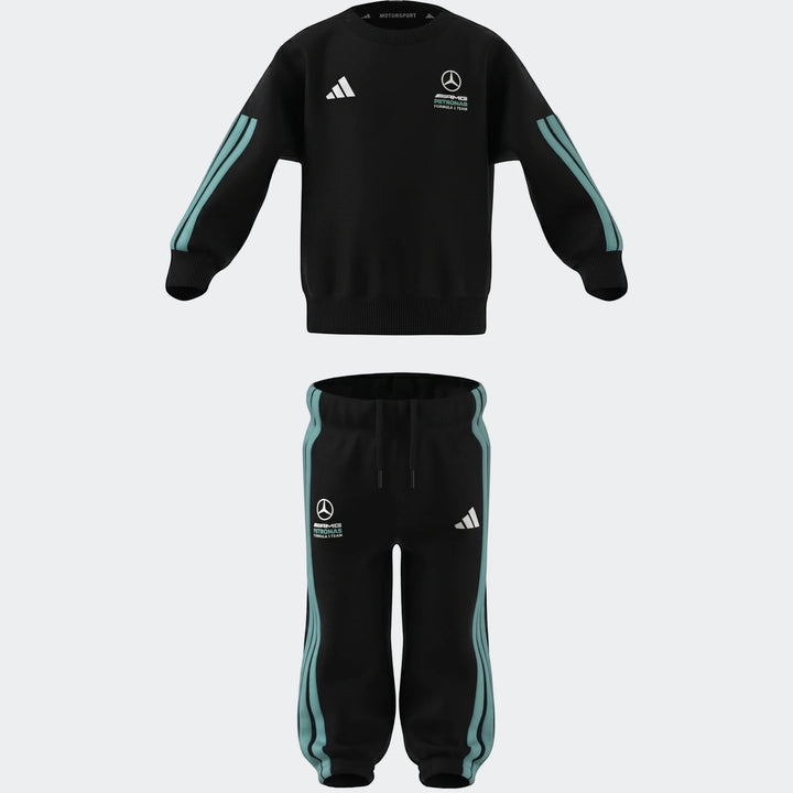 Black Mercedes-AMG Petronas F1 Team DNA baby jogger set with sweatshirt and pants. Features teal stripes and logos. Product