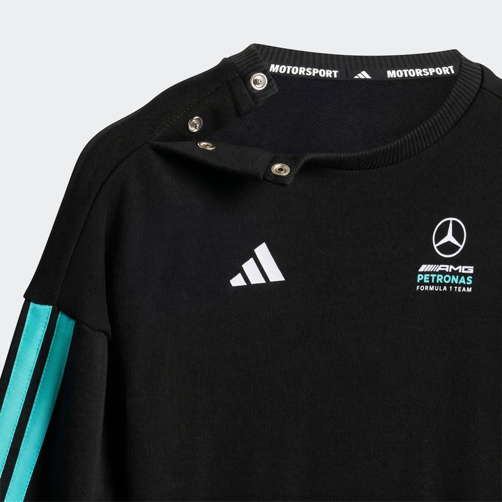 Black Mercedes-AMG Petronas Formula 1 Team DNA baby jogger top with teal stripes and snap button shoulder detail, featuring