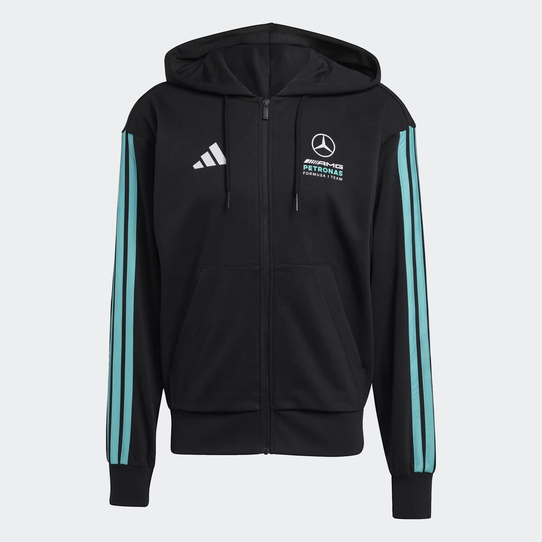 Black Mercedes-Amg Petronas Formula 1 Team DNA full-zip hoodie featuring teal stripes and branded logos, presented front