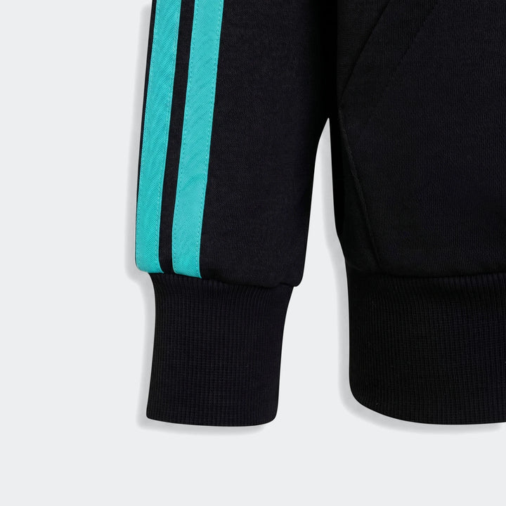 Close-up of a black Mercedes-AMG Petronas Formula 1 Team DNA Full-Zip Hoodie for kids, with aqua stripes on the sleeve and a
