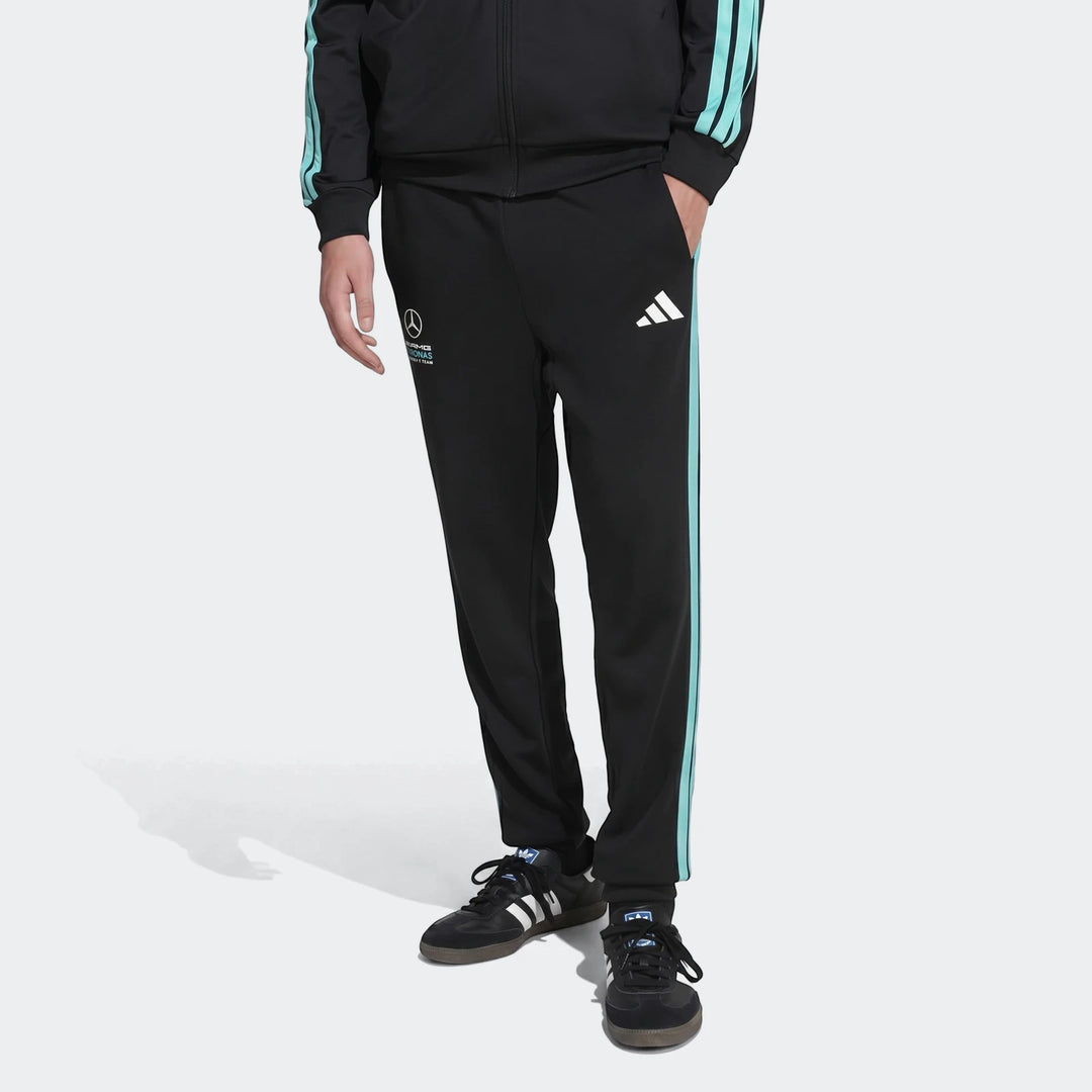 Mercedes-Amg Petronas Formula 1 Team Dna Pants for men, black with light blue side stripes, worn with black sneakers.