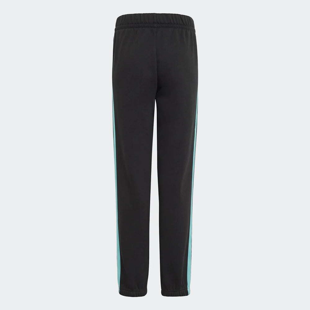 Kids' Mercedes-AMG Petronas F1 Team DNA sweatpants in black, featuring turquoise side stripes, shown from the back.