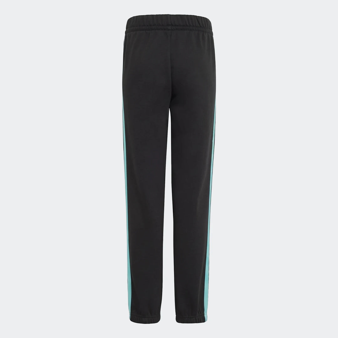 Kids' Mercedes-AMG Petronas F1 Team DNA sweatpants in black, featuring turquoise side stripes, shown from the back.