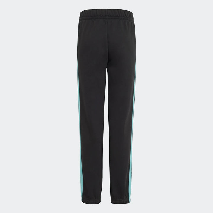 Kids' Mercedes-AMG Petronas F1 Team DNA sweatpants in black, featuring turquoise side stripes, shown from the back.