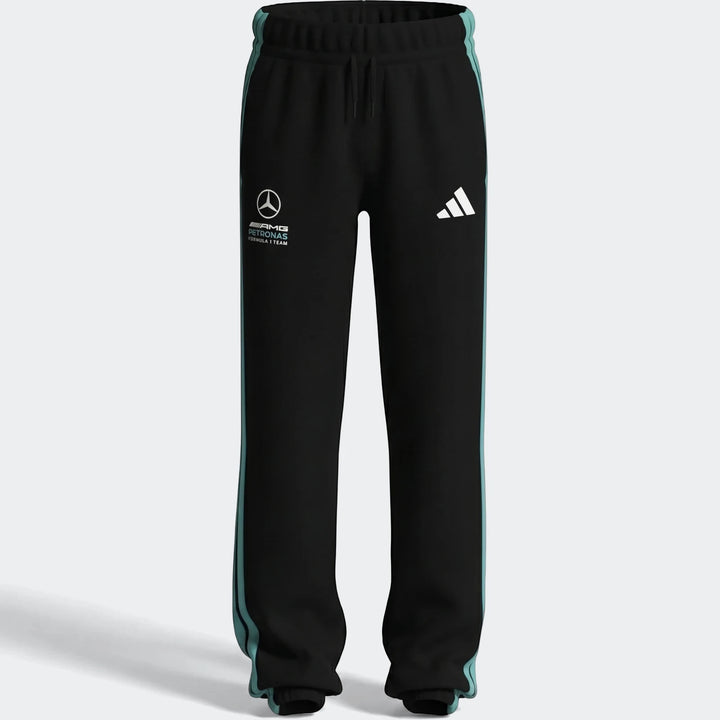 Kids' Mercedes-AMG Petronas Formula 1 Team DNA Pants in black with teal stripes, shown in a flat-lay view.