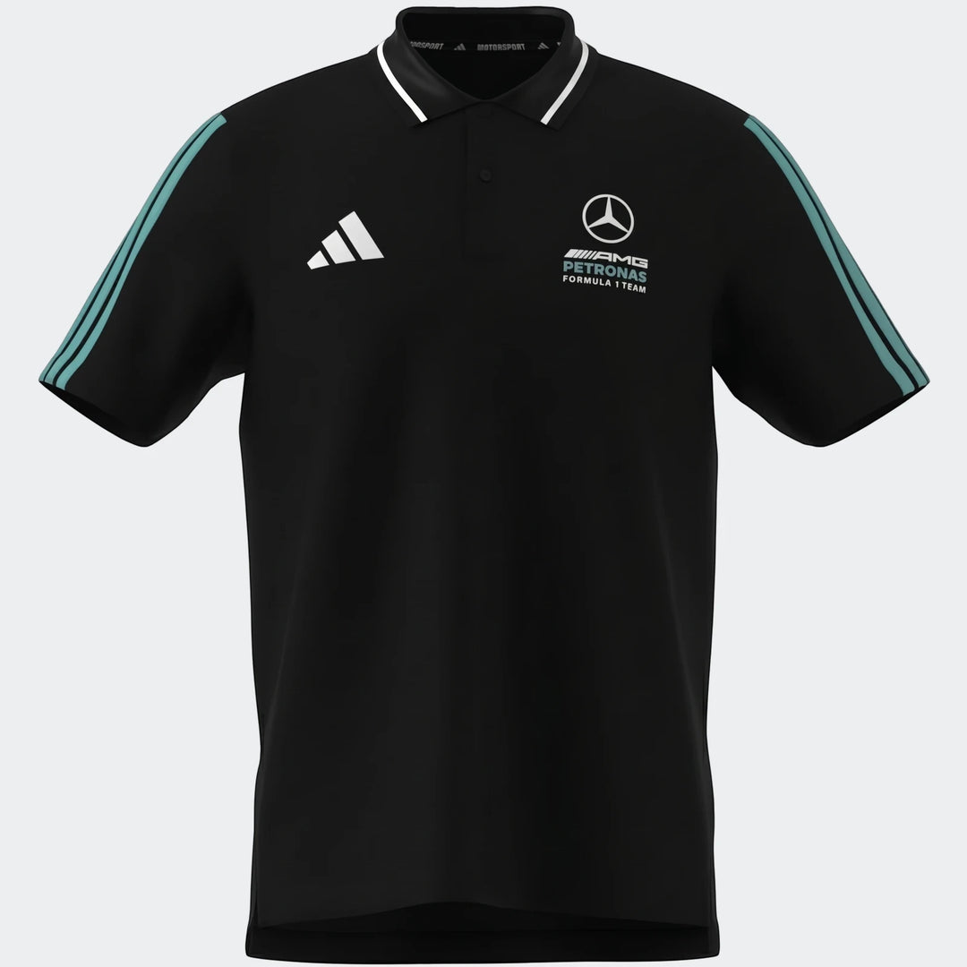 Front view of a black Mercedes-AMG Petronas Formula 1 Team DNA polo shirt featuring teal stripes and brand logos.