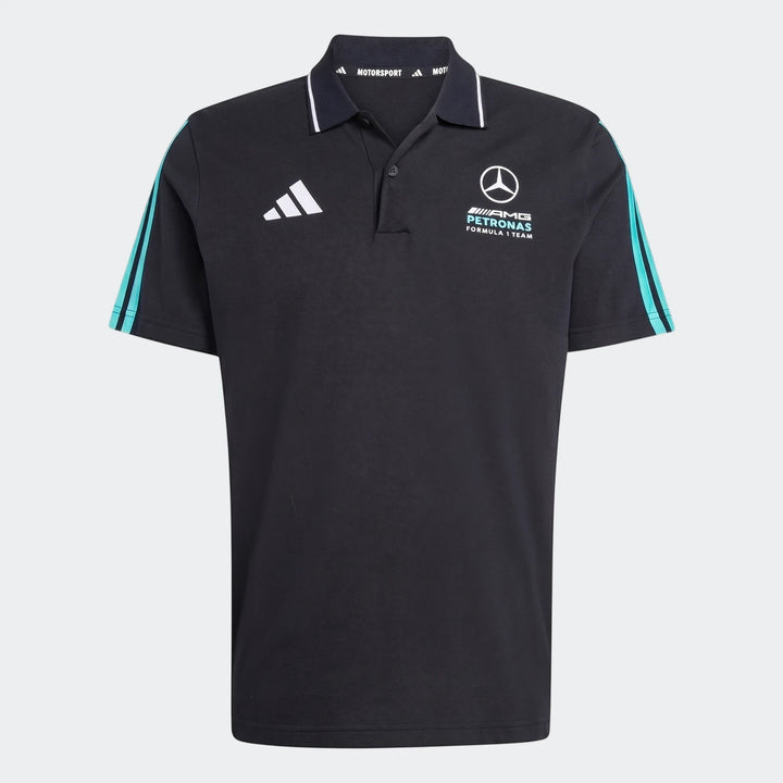 Black Mercedes-AMG Petronas Formula 1 Team DNA Polo Shirt in a front view, featuring Adidas and team logos, with turquoise