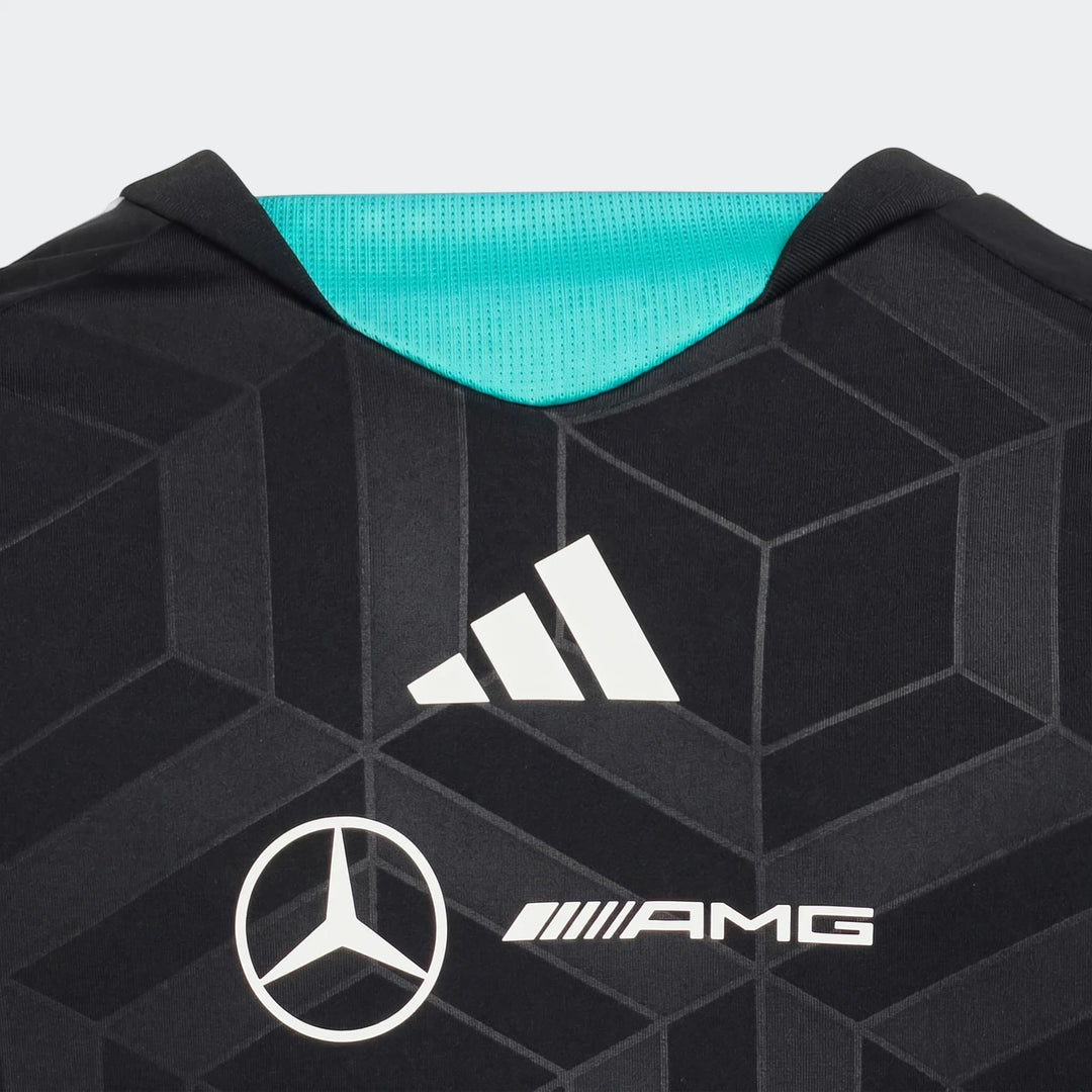 Youth Mercedes-AMG Petronas F1 Team Driver Jersey, black with geometric pattern, featuring Adidas, Mercedes-Benz, and AMG