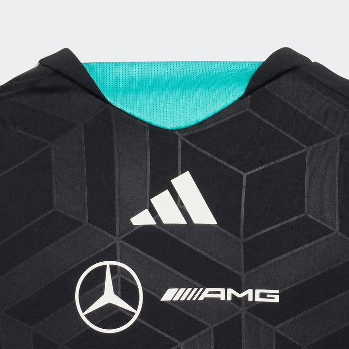 Youth Mercedes-AMG Petronas F1 Team Driver Jersey, black with geometric pattern, featuring Adidas, Mercedes-Benz, and AMG