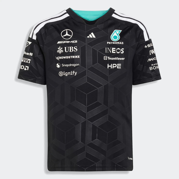 Youth Mercedes-AMG Petronas Formula 1 Team Driver black short-sleeve jersey with geometric pattern and sponsor logos.