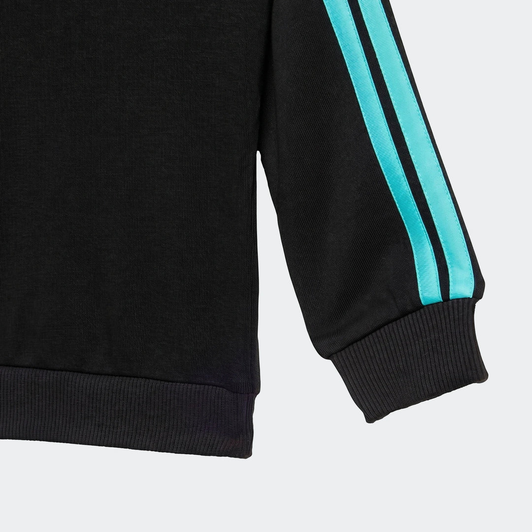 Close-up of a black Mercedes-AMG Petronas Formula 1 Team DNA baby jogger top sleeve with turquoise stripes and ribbed cuff.