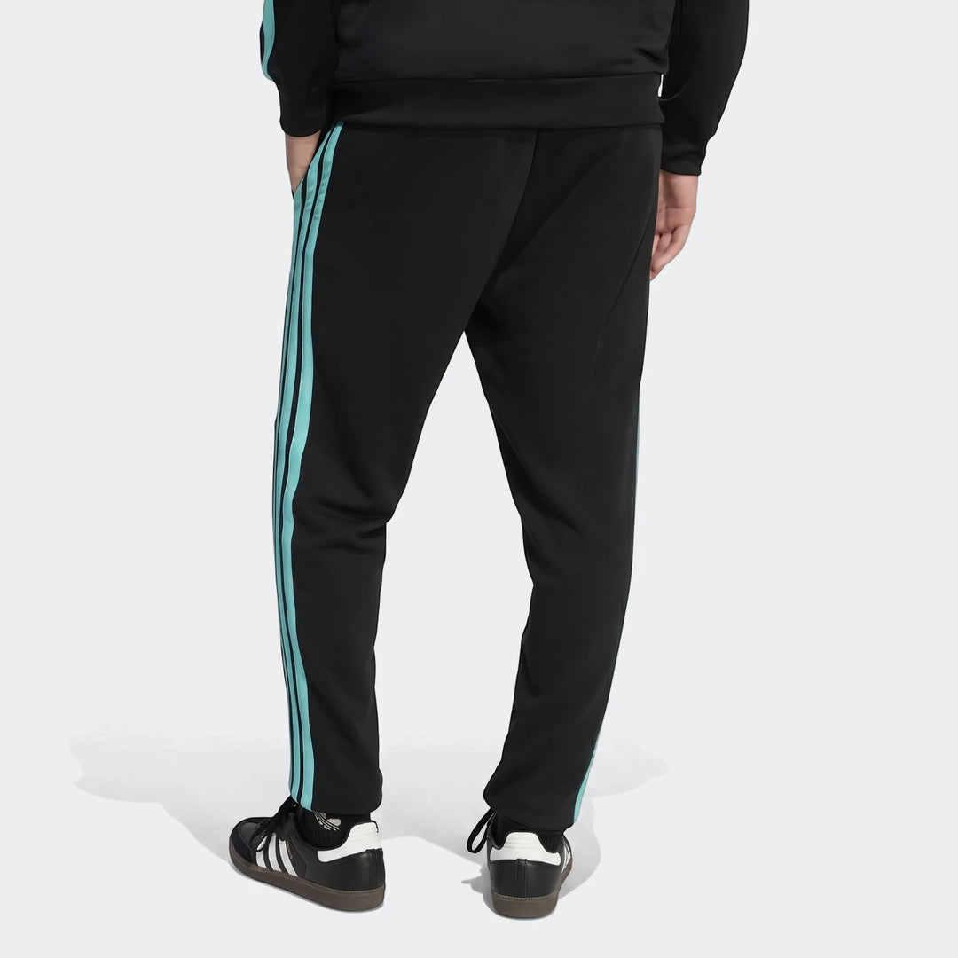 Men's black Mercedes-AMG Petronas Formula 1 Team DNA pants with turquoise triple stripes, shown from the rear view.