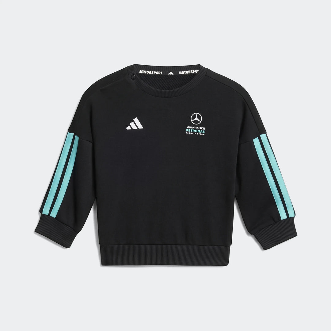 Black Mercedes-AMG Petronas Formula 1 Team Dna Baby Jogger Set top with light blue stripes and logos on the chest, long