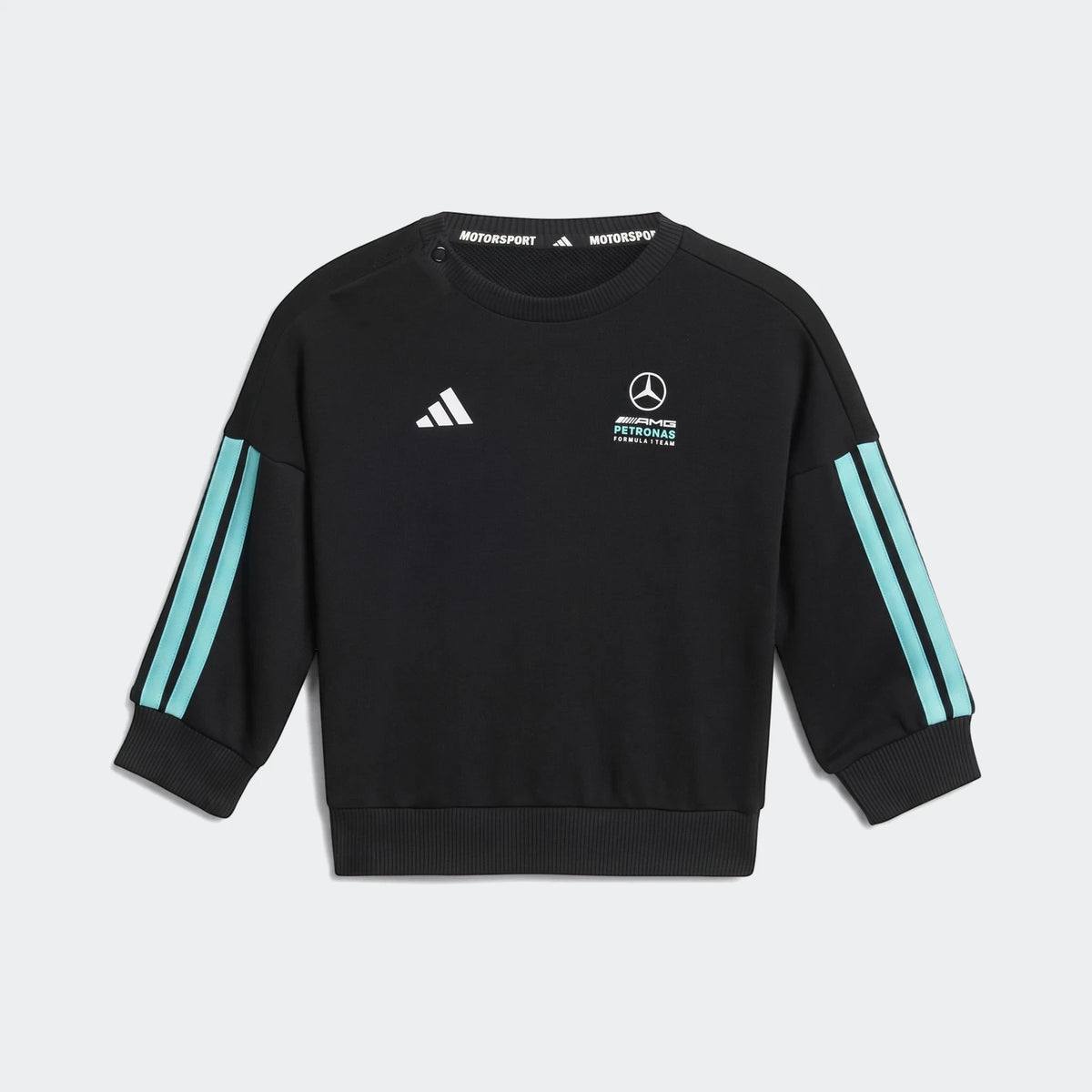 Black Mercedes-AMG Petronas Formula 1 Team Dna Baby Jogger Set top with light blue stripes and logos on the chest, long