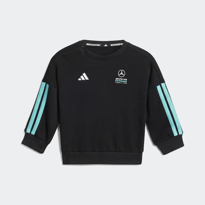 Black Mercedes-AMG Petronas Formula 1 Team Dna Baby Jogger Set top with light blue stripes and logos on the chest, long