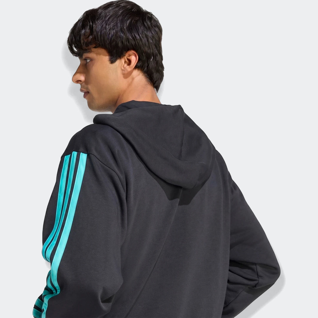 Mercedes-Amg Petronas Formula 1 Team DNA full-zip hoodie in black, with teal stripes, seen on a male model from the back.