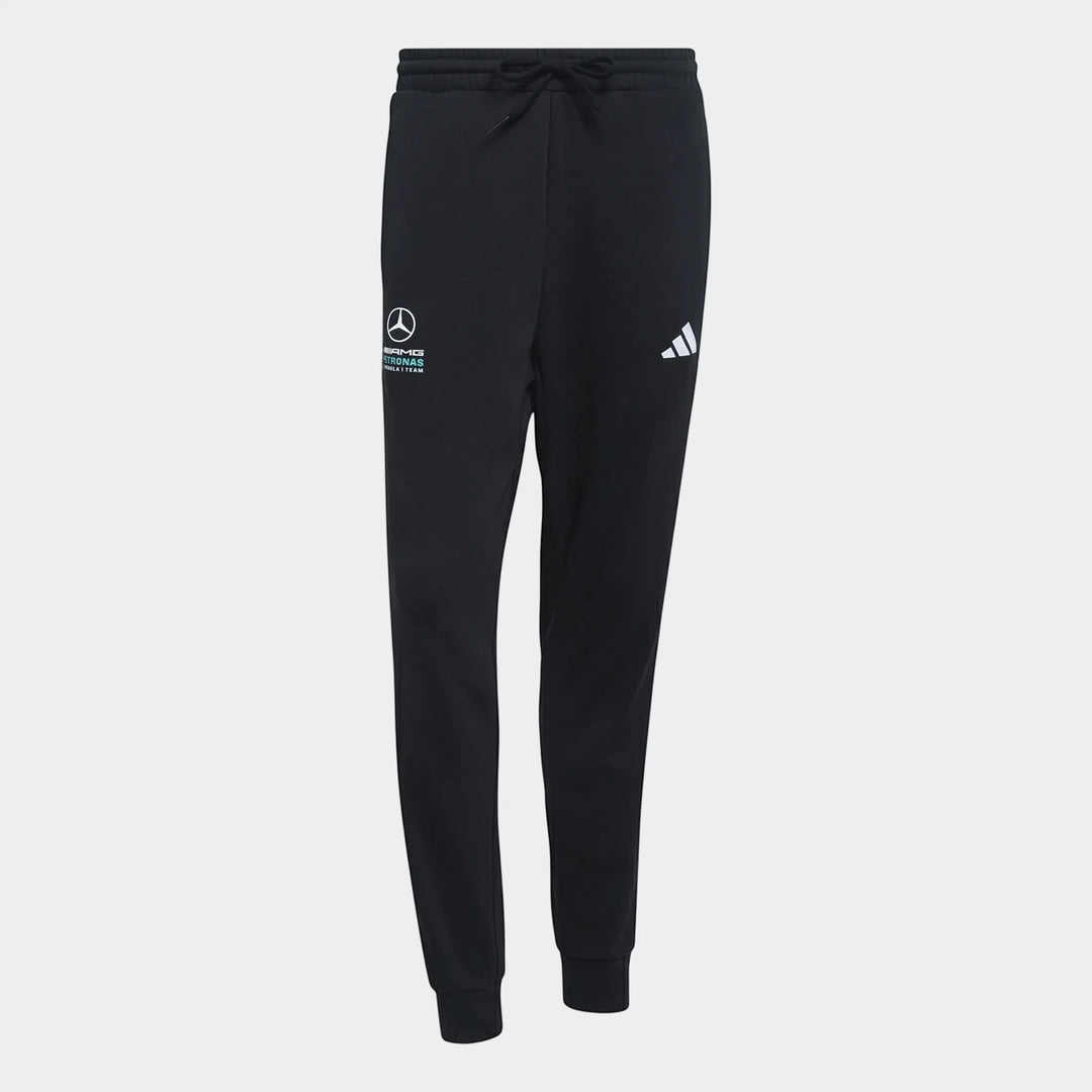 Black Mercedes-AMG Petronas Formula 1 Team DNA pants with white logos, offering comfortable athletic style.