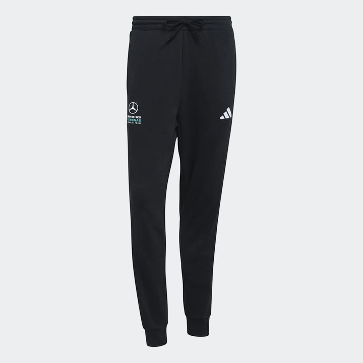 Black Mercedes-AMG Petronas Formula 1 Team DNA pants with white logos, offering comfortable athletic style.