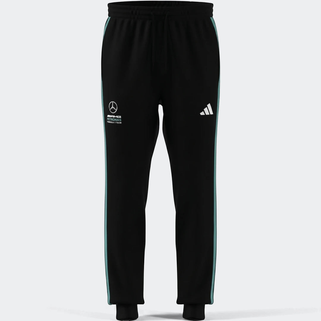 Black Mercedes-AMG Petronas Formula 1 Team DNA pants with teal side stripes and white Adidas logo, shown flat-lay.