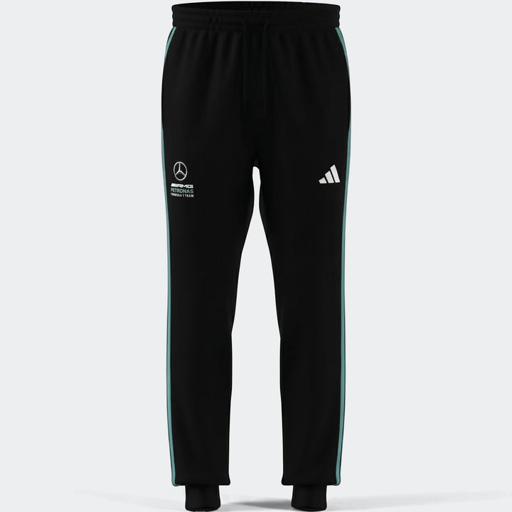 Black Mercedes-AMG Petronas Formula 1 Team DNA pants with teal side stripes and white Adidas logo, shown flat-lay.