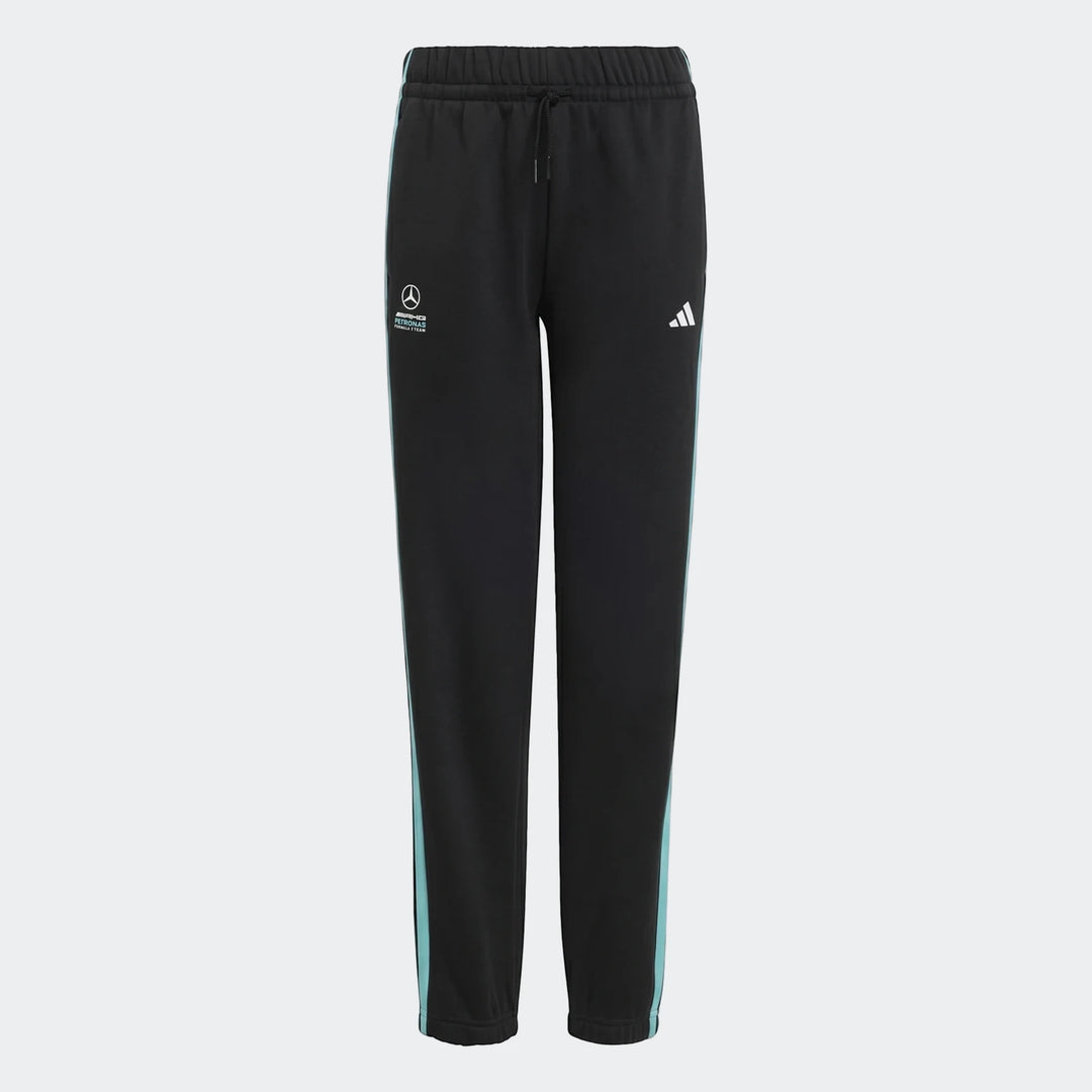 Mercedes-AMG Petronas Formula 1 Team Dna Pants Kids, black with light blue side stripes, shown laid flat.