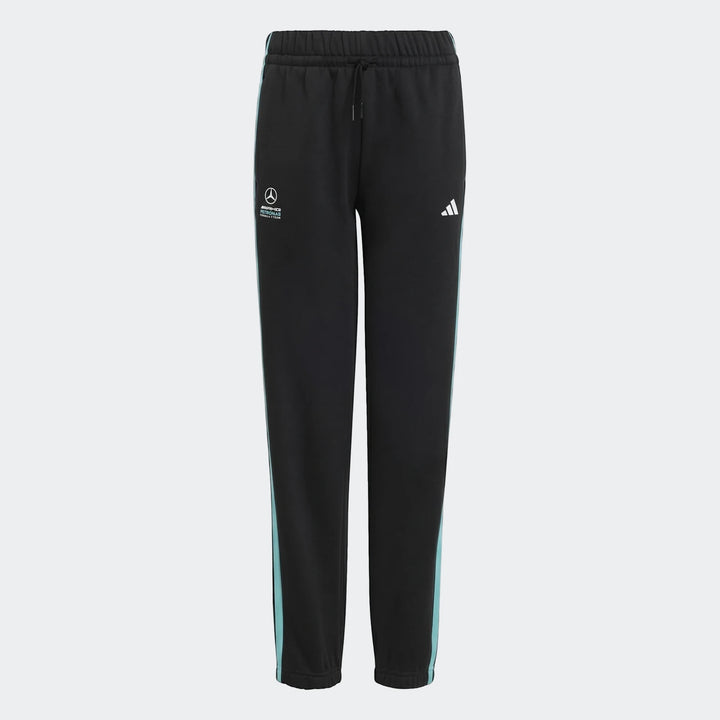 Mercedes-AMG Petronas Formula 1 Team Dna Pants Kids, black with light blue side stripes, shown laid flat.