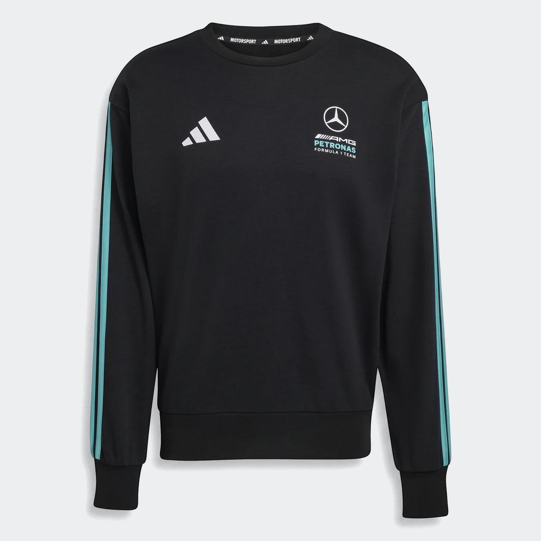 Black Mercedes-AMG Petronas Formula 1 Team DNA sweatshirt with Adidas and team logos, crew neck, and turquoise sleeve