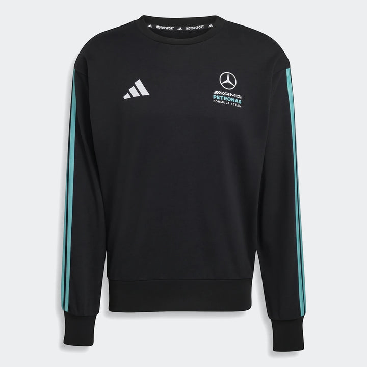 Black Mercedes-AMG Petronas Formula 1 Team DNA sweatshirt with Adidas and team logos, crew neck, and turquoise sleeve