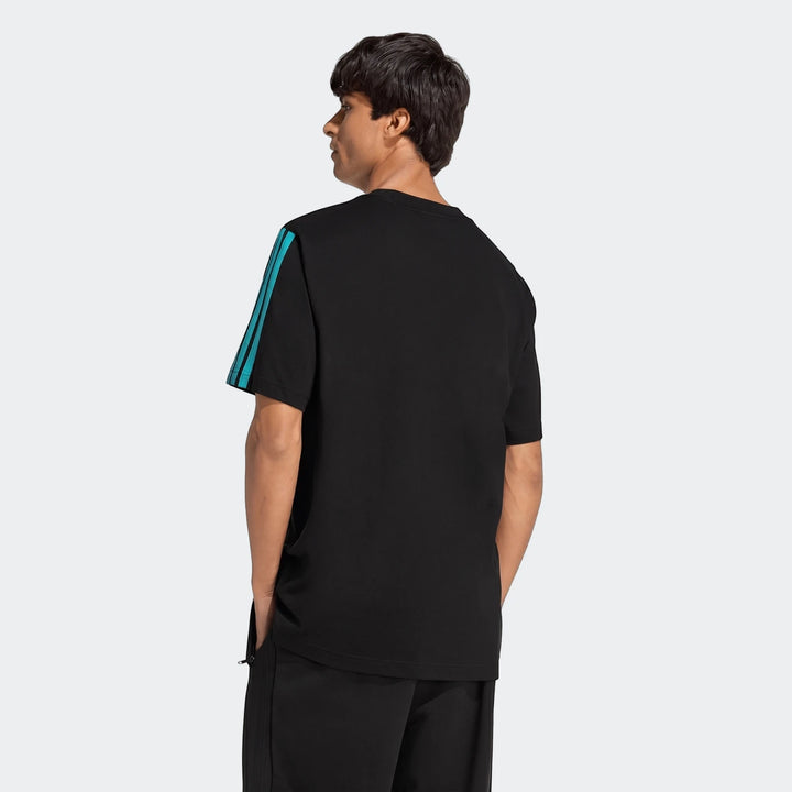 Mercedes-AMG Petronas Formula 1 Team DNA T-Shirt in black with turquoise stripes, short sleeve, modeled from the back.