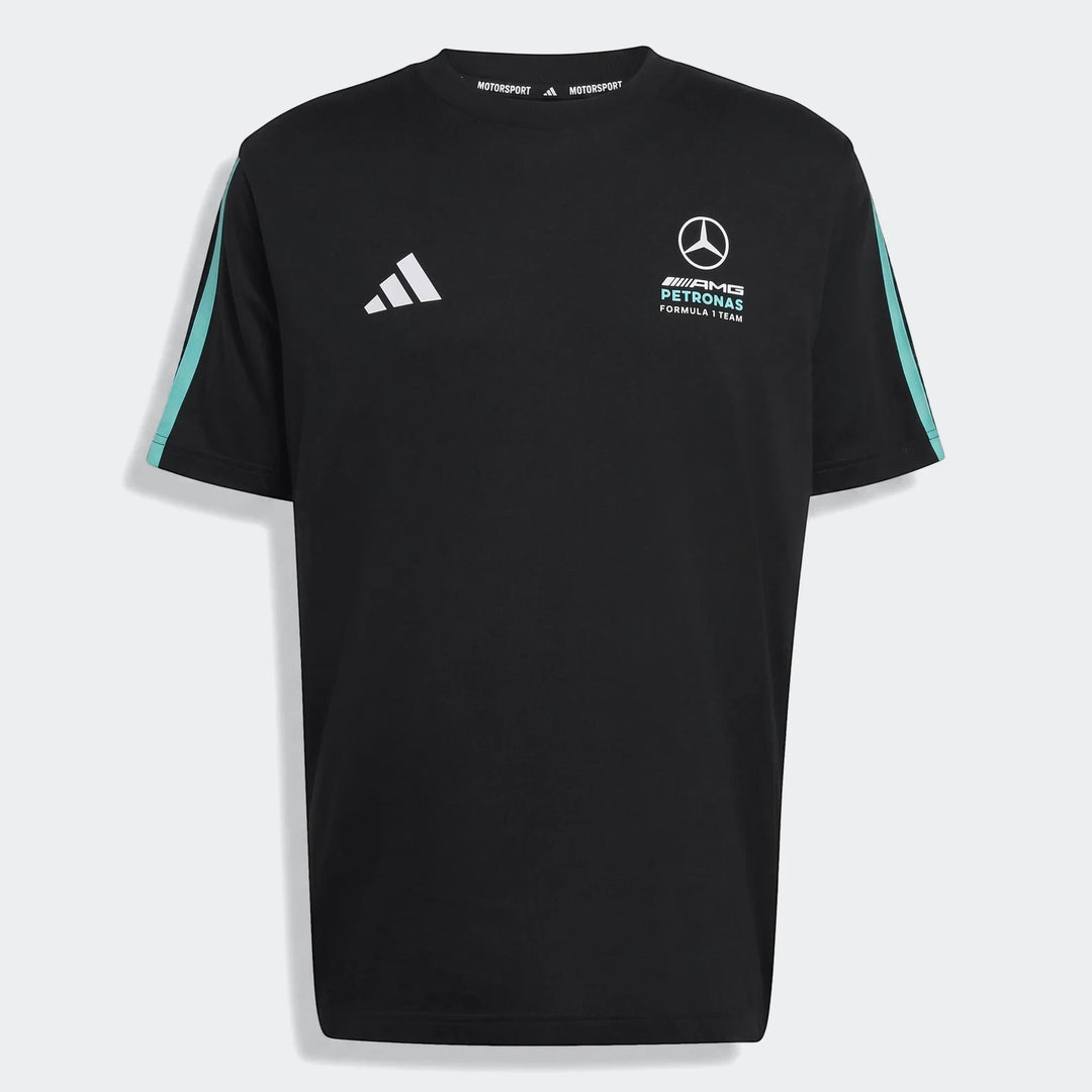 Black Mercedes-AMG Petronas Formula 1 Team DNA T-shirt, short sleeve, featuring Adidas and team logos on the chest,