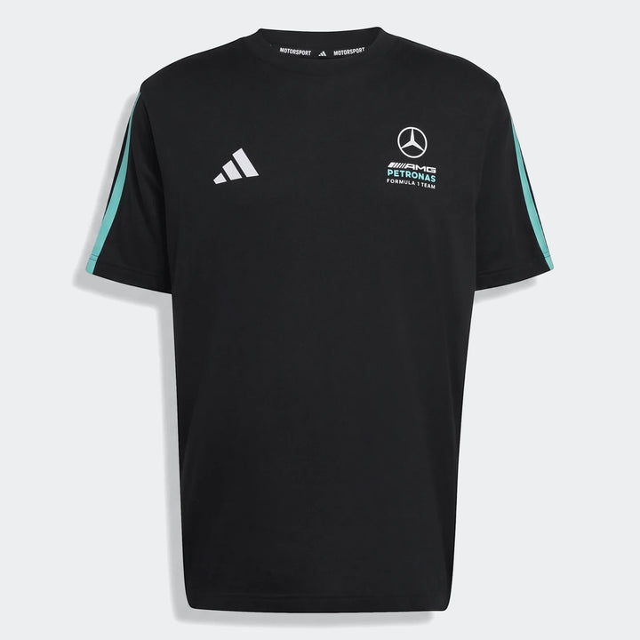 Black Mercedes-AMG Petronas Formula 1 Team DNA T-shirt, short sleeve, featuring Adidas and team logos on the chest,