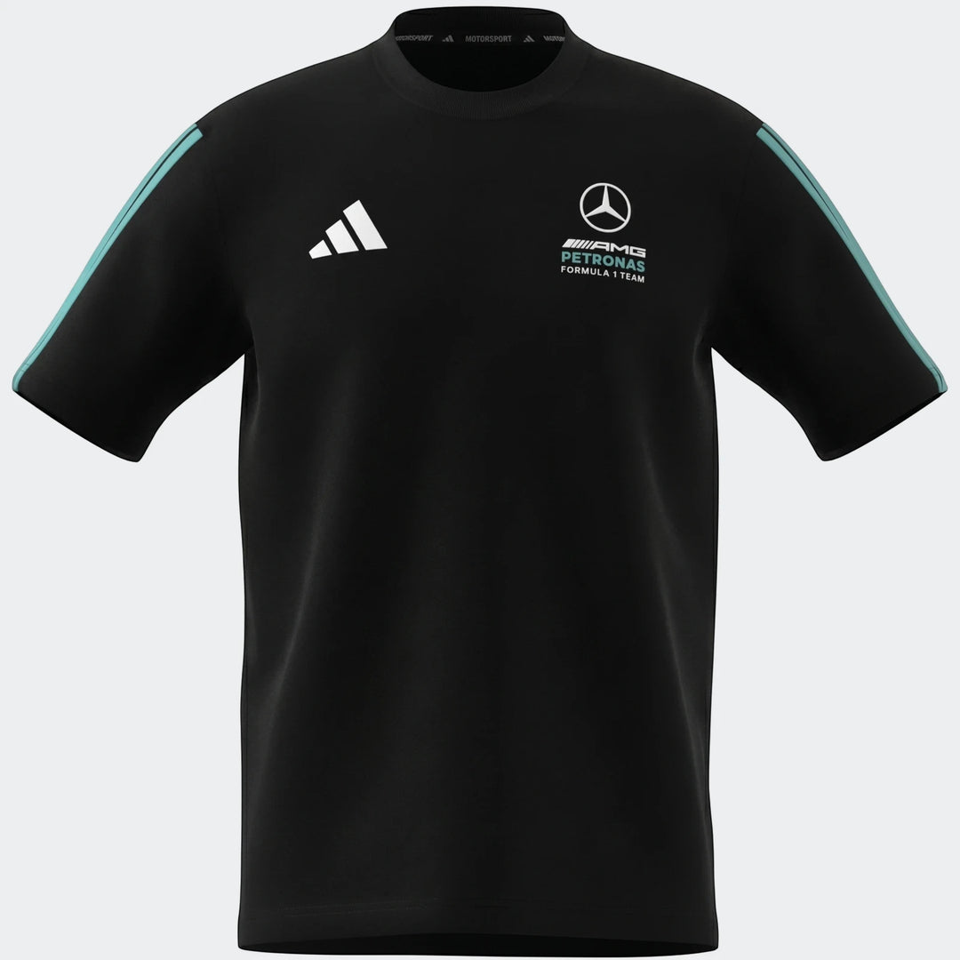 Black Mercedes-AMG Petronas Formula 1 Team DNA T-Shirt, featuring the Adidas and team logos, from a front view.