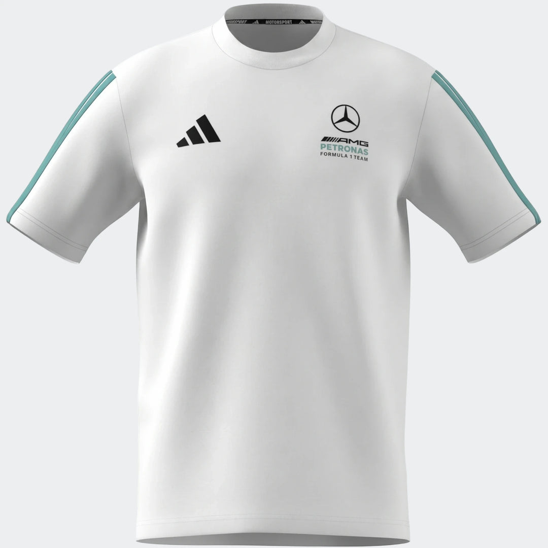 White Mercedes-AMG Petronas Formula 1 Team DNA t-shirt with short sleeves, featuring Adidas and team logos, and teal