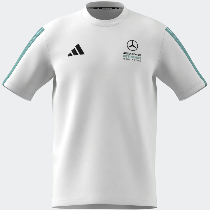 White Mercedes-AMG Petronas Formula 1 Team DNA t-shirt with short sleeves, featuring Adidas and team logos, and teal