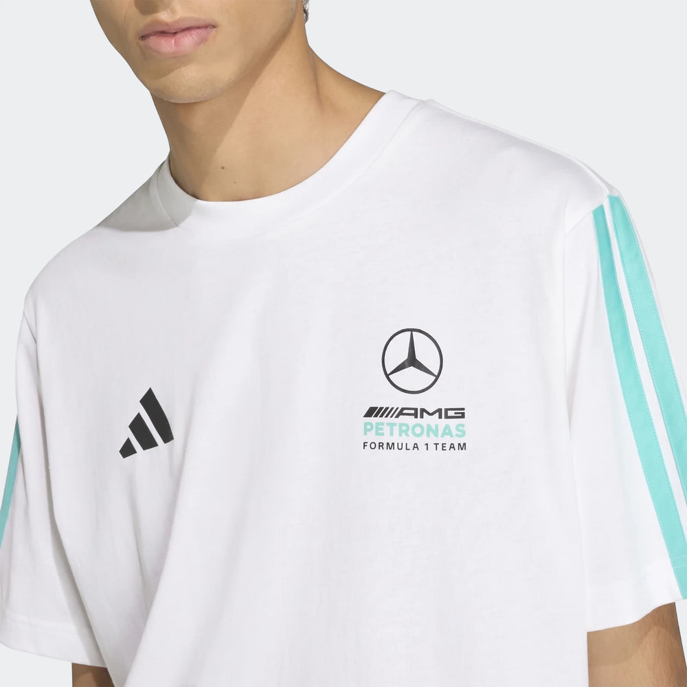 Mercedes-AMG Petronas Formula 1 Team Dna T-Shirt in white, featuring team and Adidas logos, worn by a model.