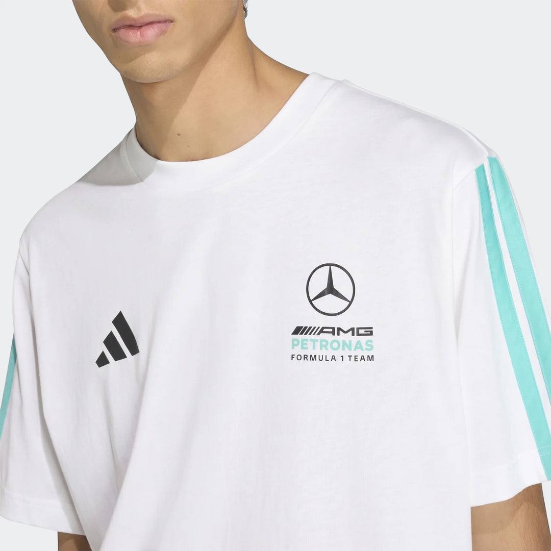 Mercedes-AMG Petronas Formula 1 Team Dna T-Shirt in white, featuring team and Adidas logos, worn by a model.
