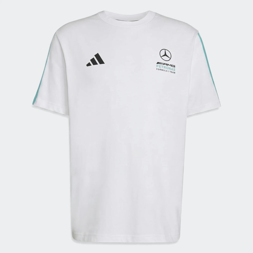 White Mercedes-Amg Petronas Formula 1 Team Dna T-shirt for men, featuring team logos and stripes, shown in a flat-lay front
