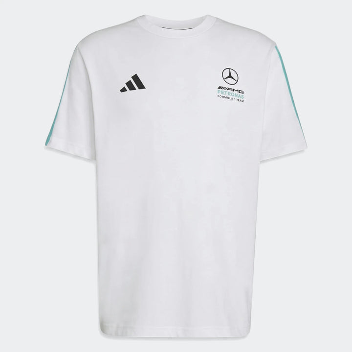 White Mercedes-Amg Petronas Formula 1 Team Dna T-shirt for men, featuring team logos and stripes, shown in a flat-lay front