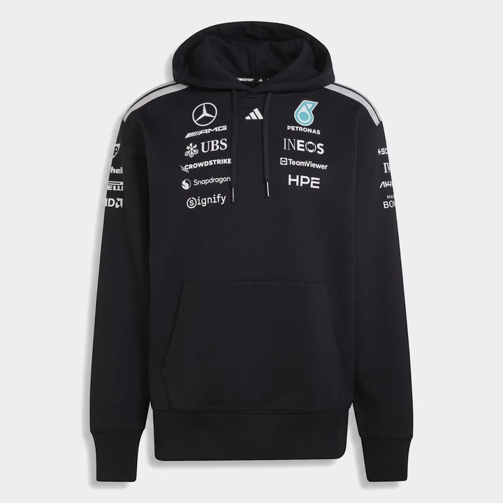 Black Mercedes-AMG Petronas Formula 1 Team Driver Hoodie, featuring sponsor logos and white shoulder stripes, front view.