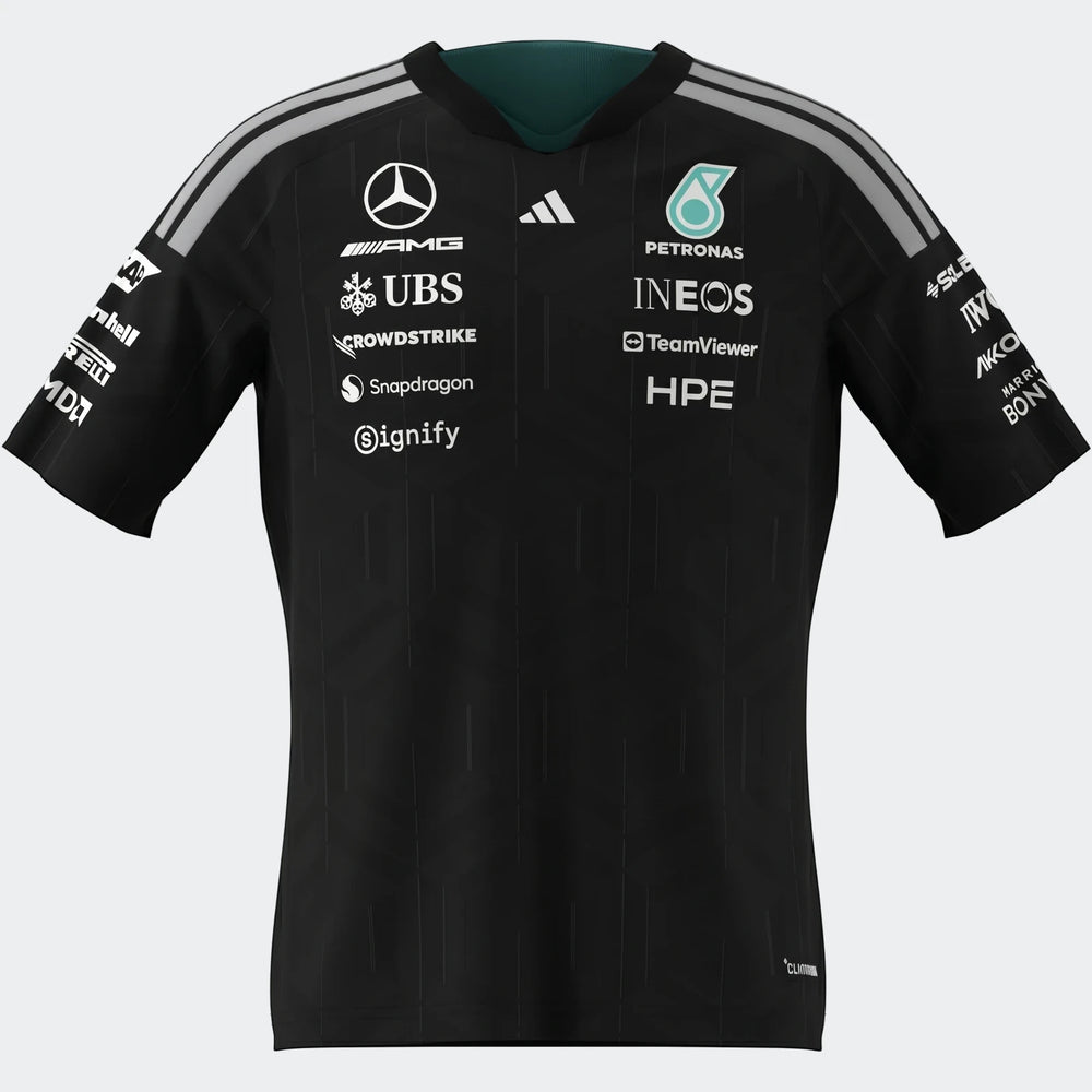 Youth Mercedes-AMG Petronas Formula 1 Team Driver black short-sleeved jersey featuring various sponsor logos on the front