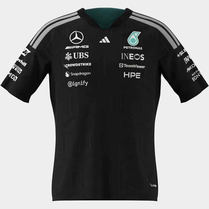 Youth Mercedes-AMG Petronas Formula 1 Team Driver black short-sleeved jersey featuring various sponsor logos on the front