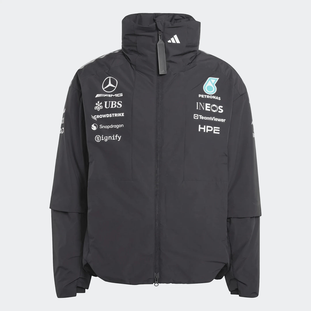 Mercedes-Amg Petronas Formula 1 Team Energy Jacket in dark grey, featuring multiple sponsor logos and a front zipper. Front